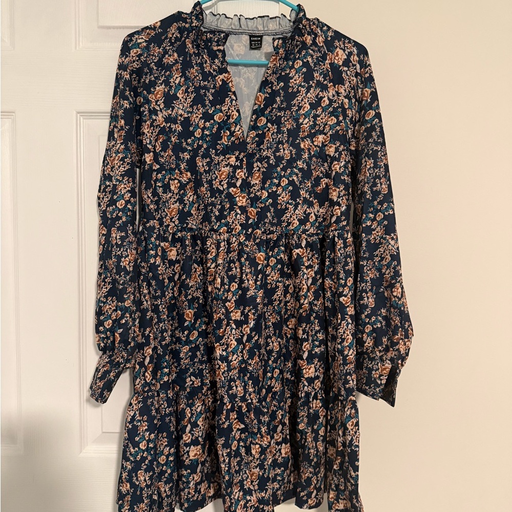 SHEIN Floral Long Sleeve Dress - Navy and Peach